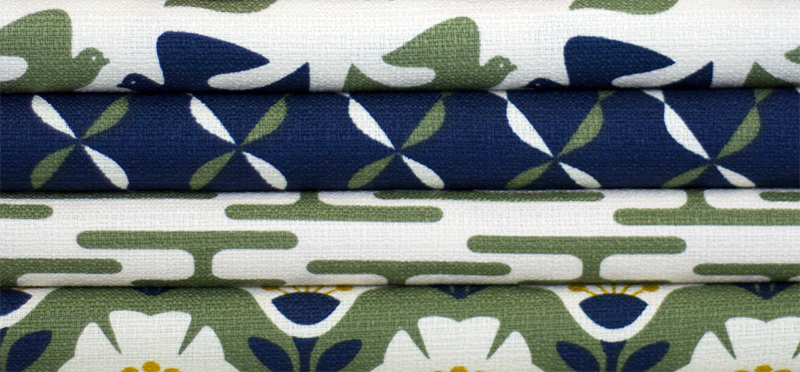 Textile designs by Jessica Jones in green navy