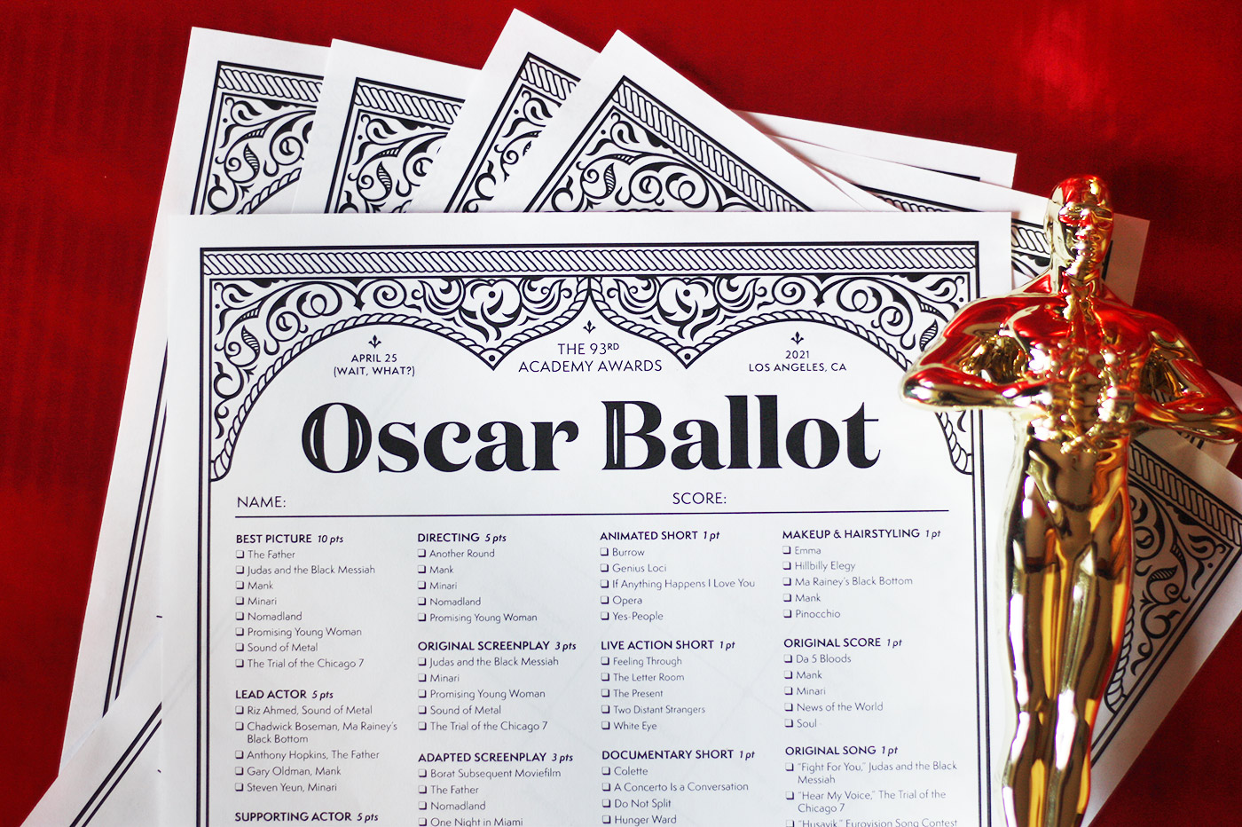 Oscar Ballot 2021: Printable Academy Awards Ballot For Your Oscar