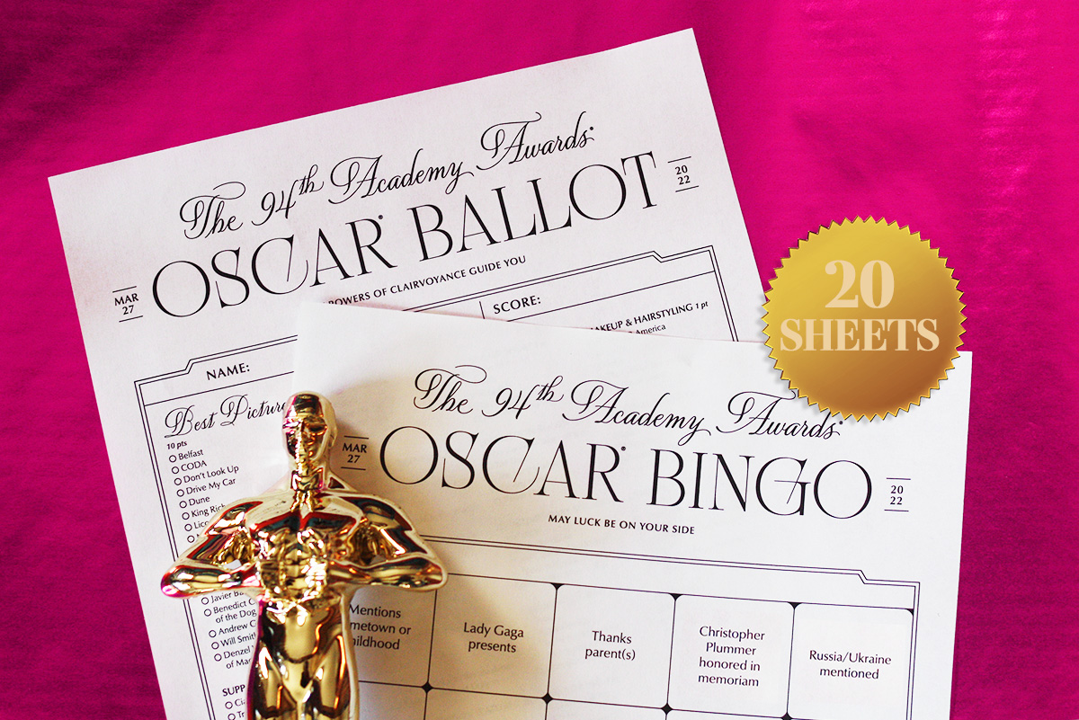 oscars bingo cards for 2022 with ballot on pink background