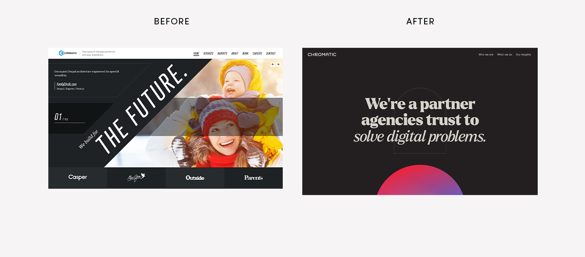 side by side comparison of website before and after for chromatic