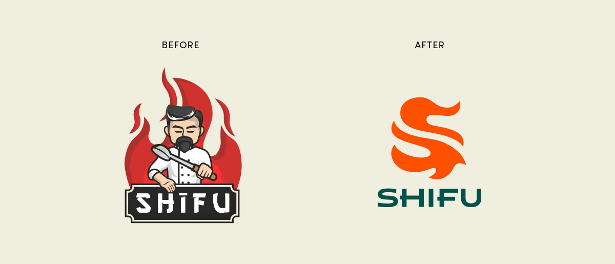 Shifu before and after logo with fire design