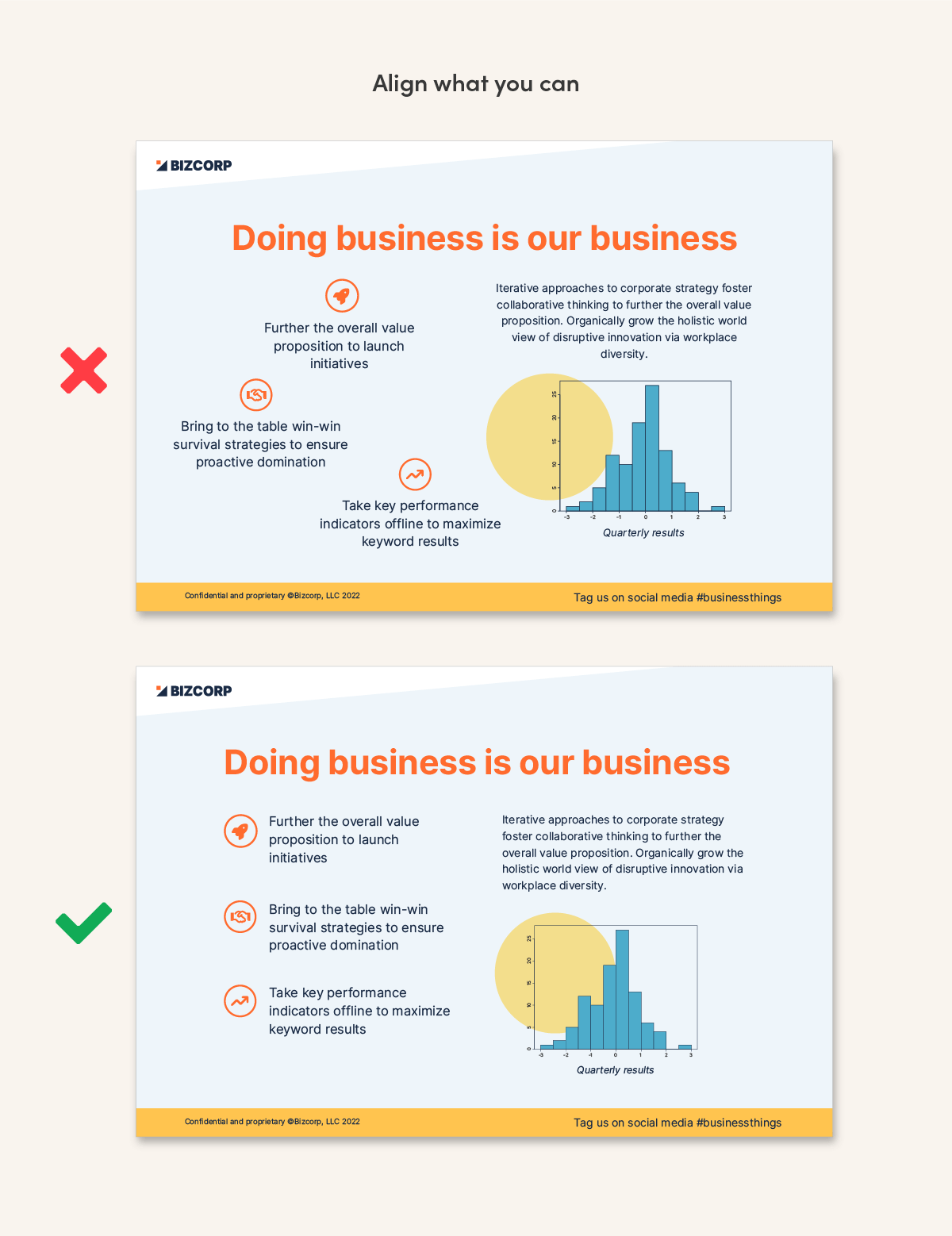 Example slides showing how to align elements in a design