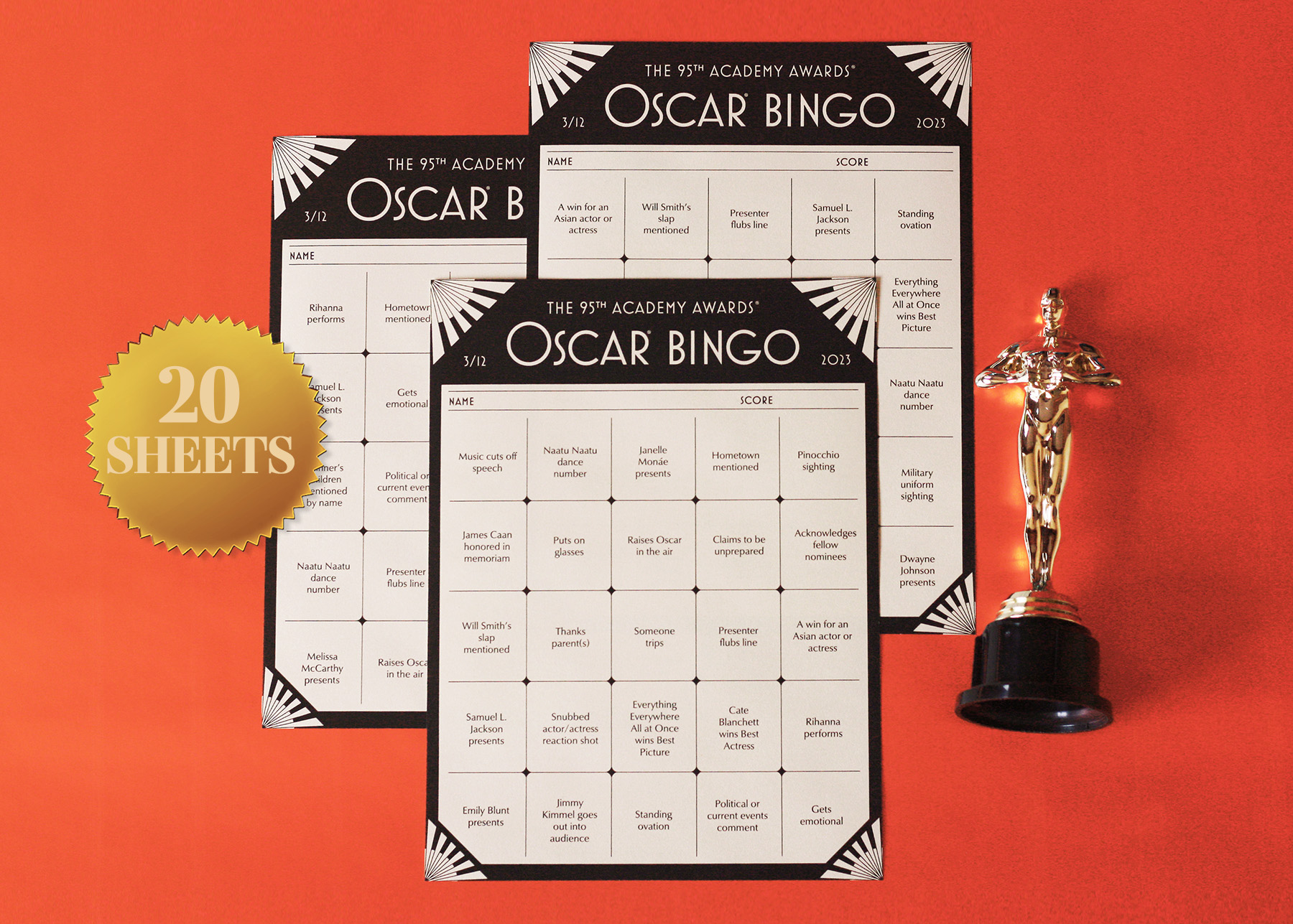 2023 oscar bingo cards with an art deco design on an orange background 