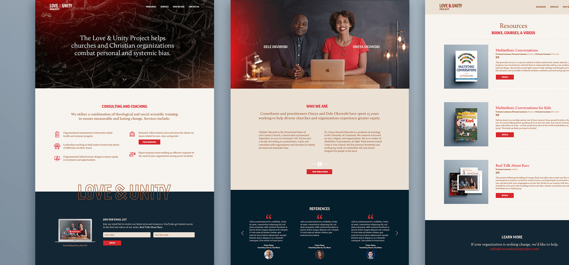 screenshots of website design for Love and Unity Project
