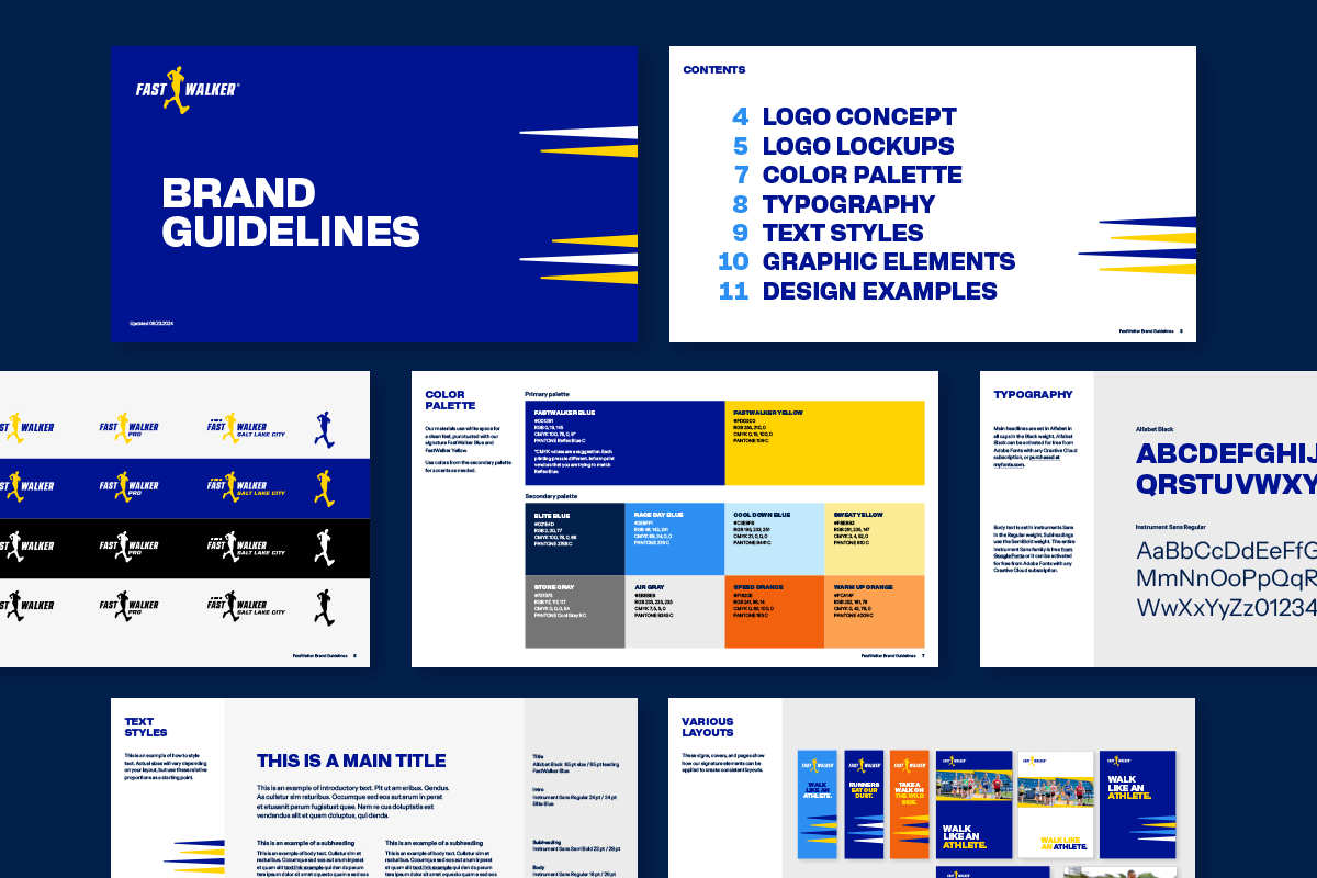 Example pages from the brand guidelines document for fitness brand FastWalker