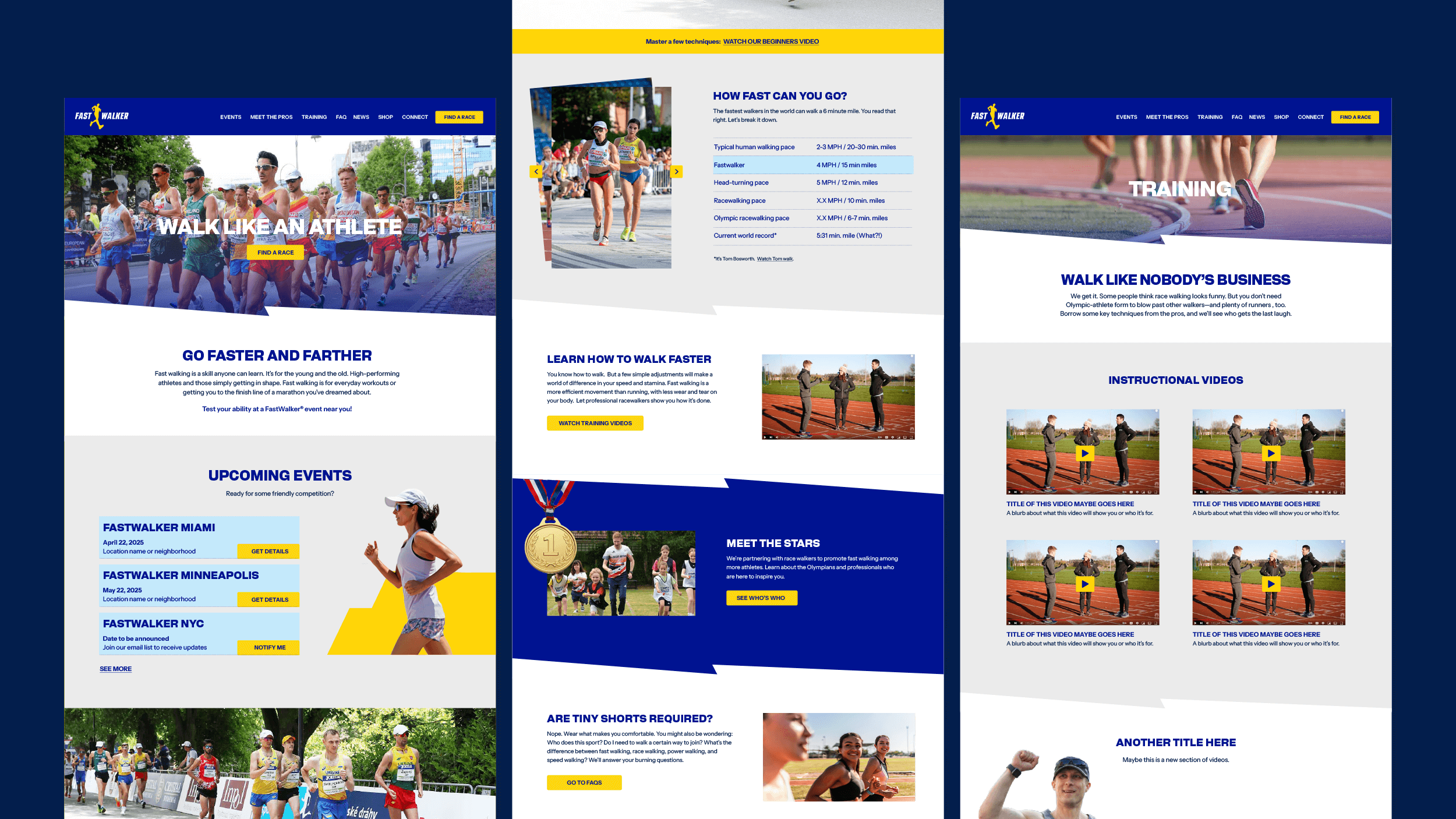 Example designs of website pages and sections