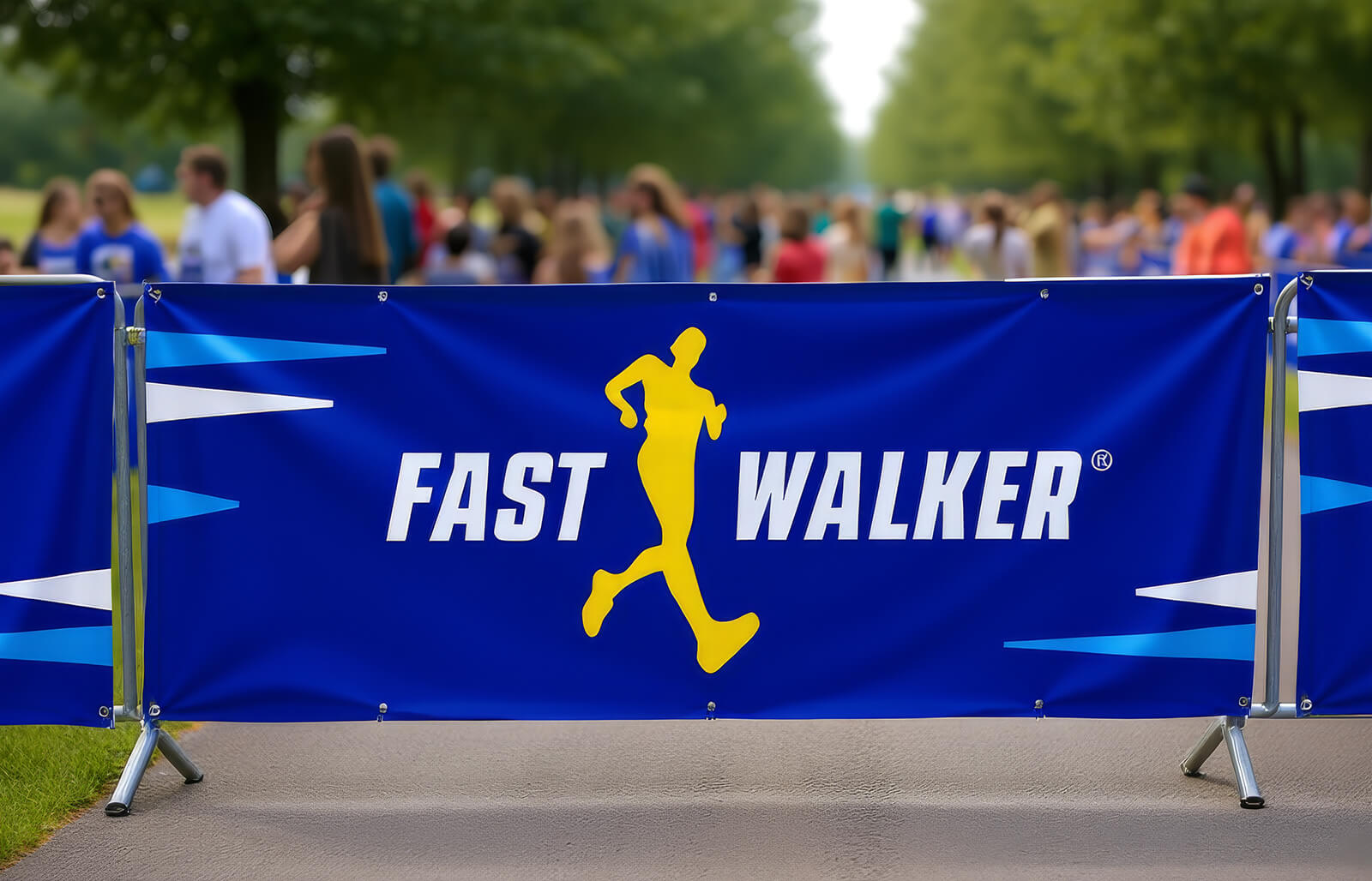 vinyl banner with fastwalker branding at a race walking event