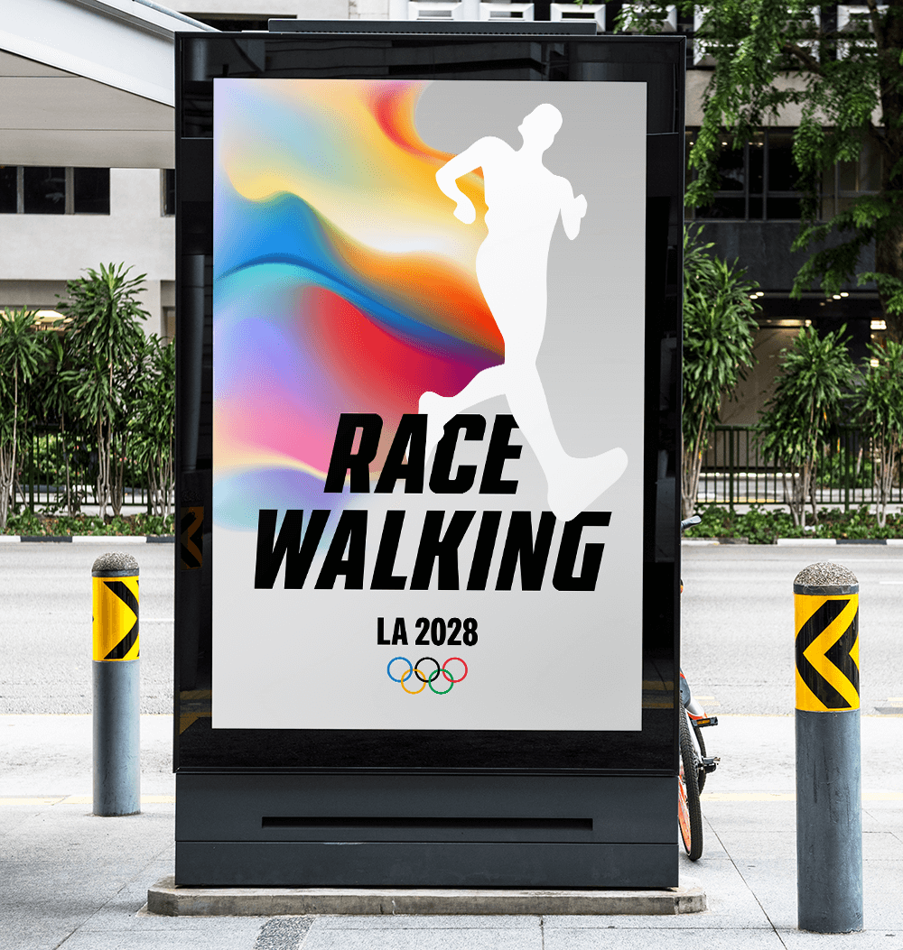 A gray poster at a bus stop kiosk promoting race walking in the LA 2028 Olympics