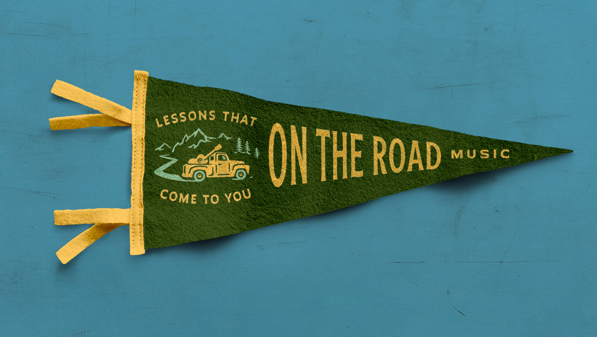 retro green felt pennant with music school branding