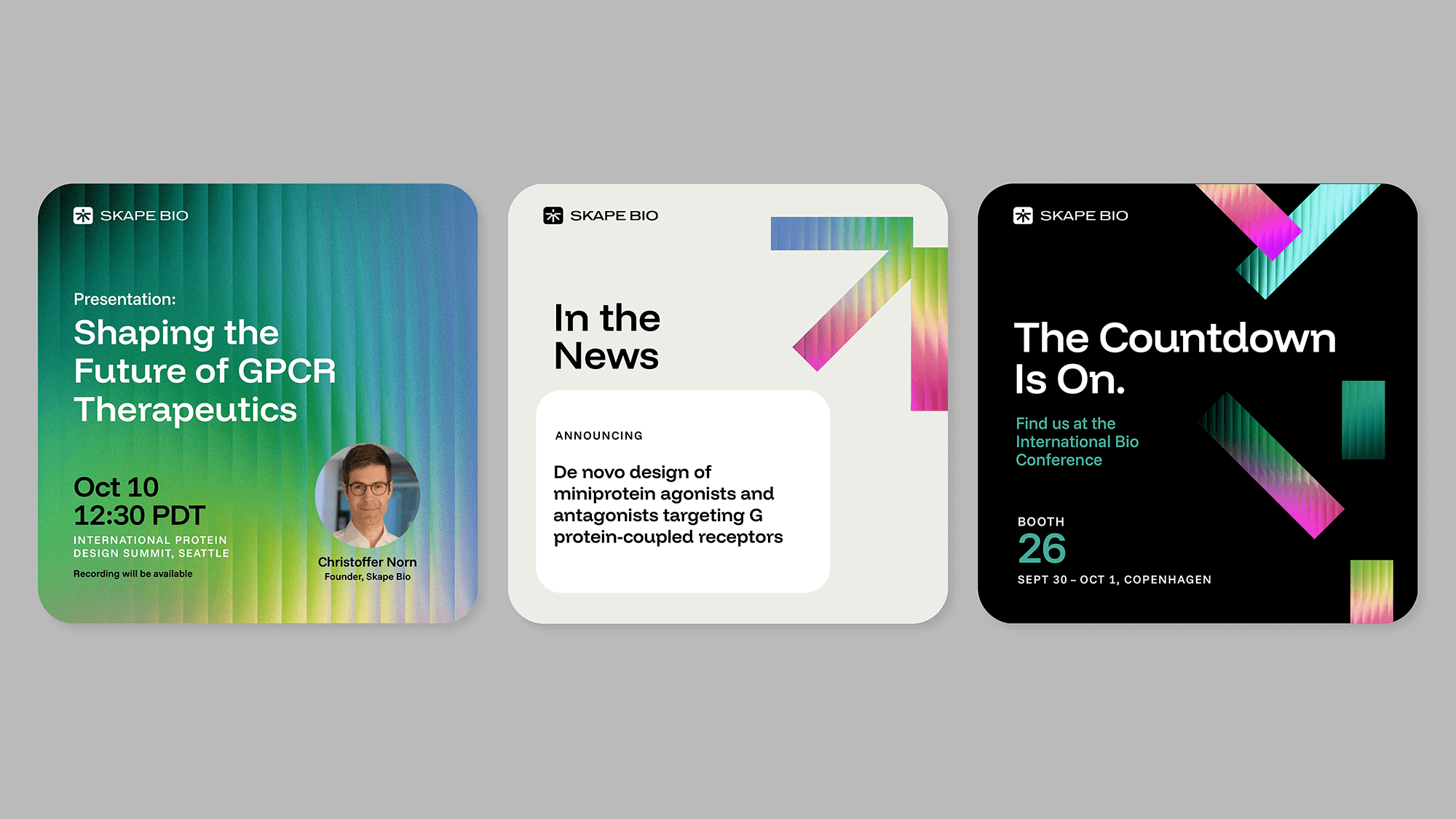 three social media post graphics illustrating a scientific, techy style