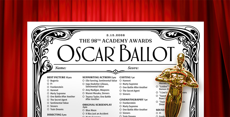 A black and white Oscar ballot against a red curtain