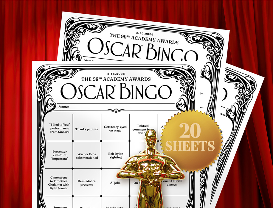 Stack of printed 2026 Oscar bingo cards with Oscar statue