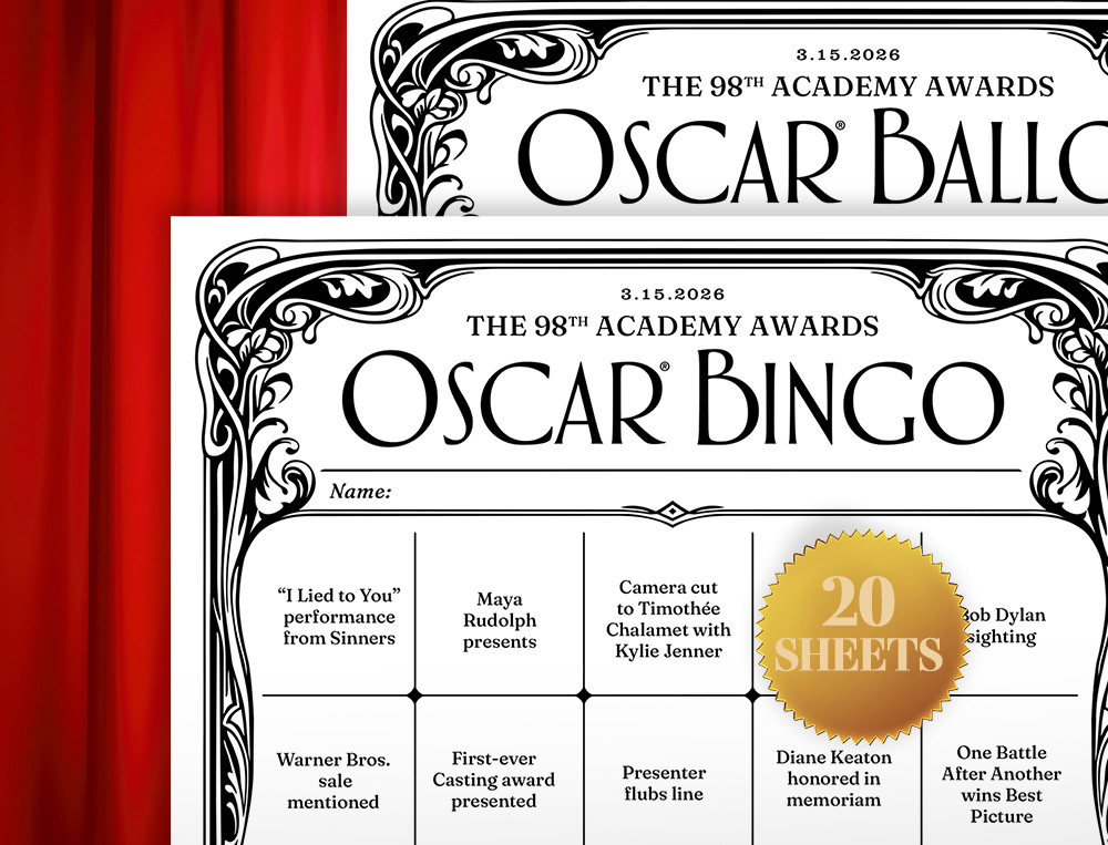 closeup of oscar bingo card and ballot with art nouveau design