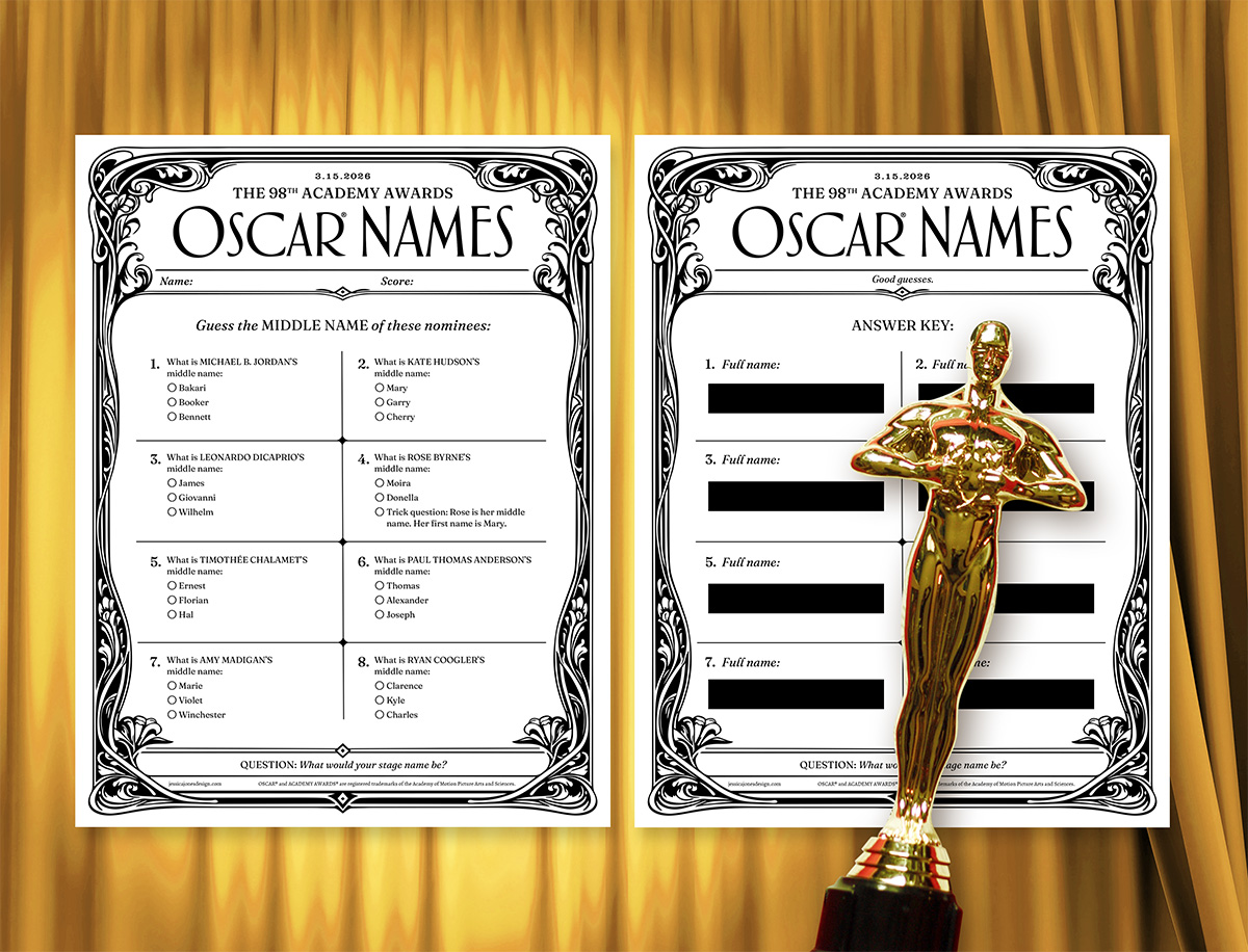 Guess the Oscar nominee middle name game sheet