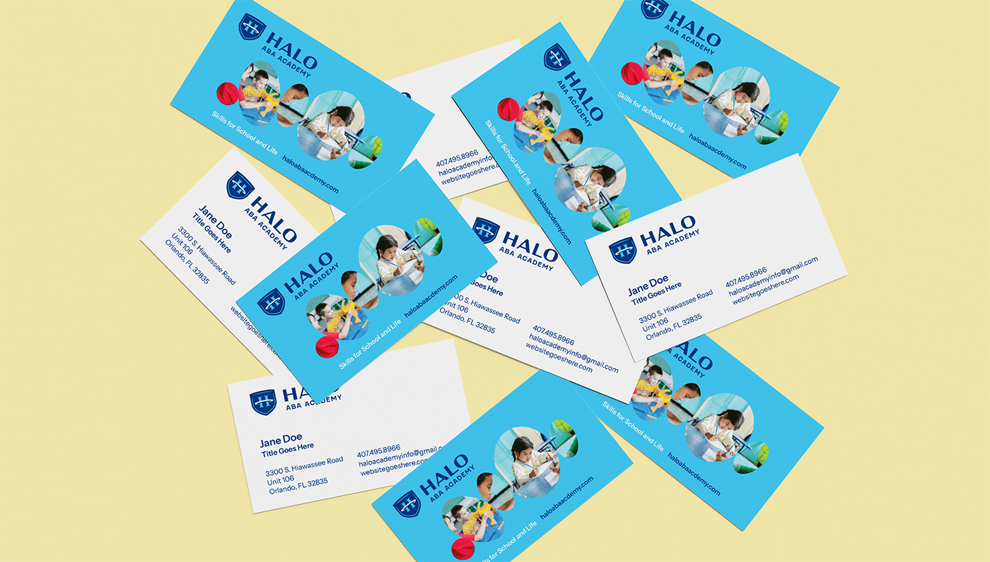 Halo academy business cards blue
