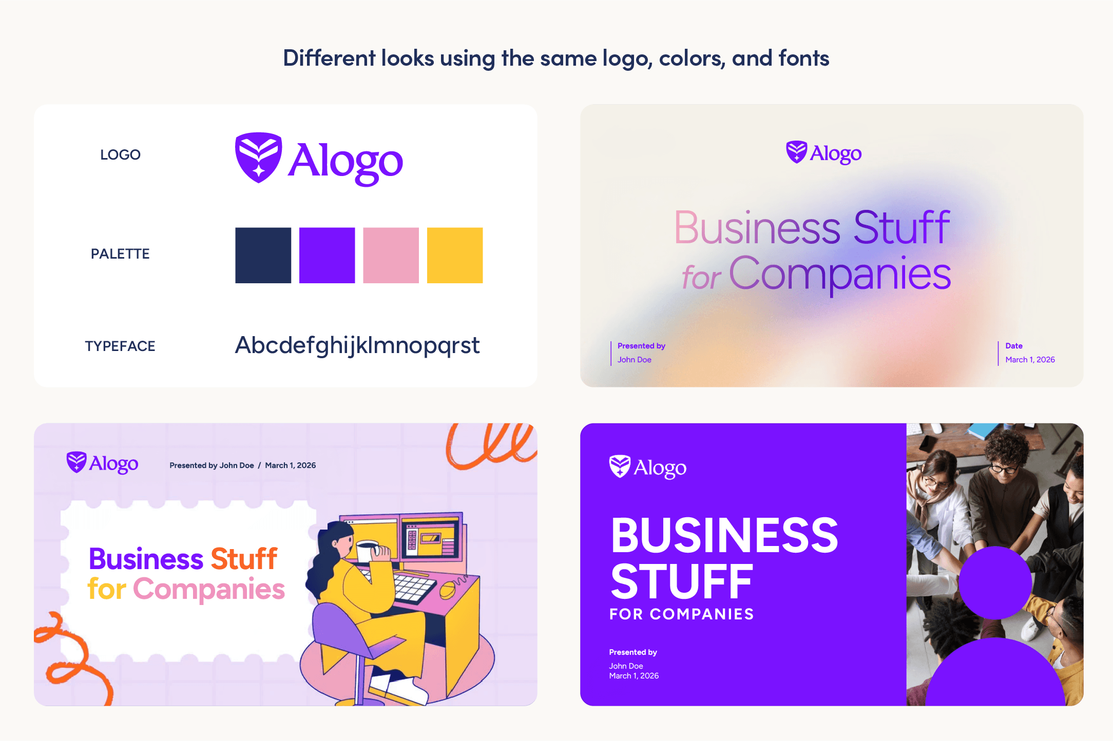 Different looks using same logo, color palette, and fonts