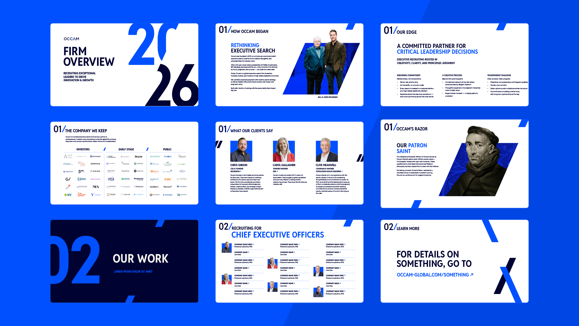 Executive search firm brand identity applied to presentation deck pages