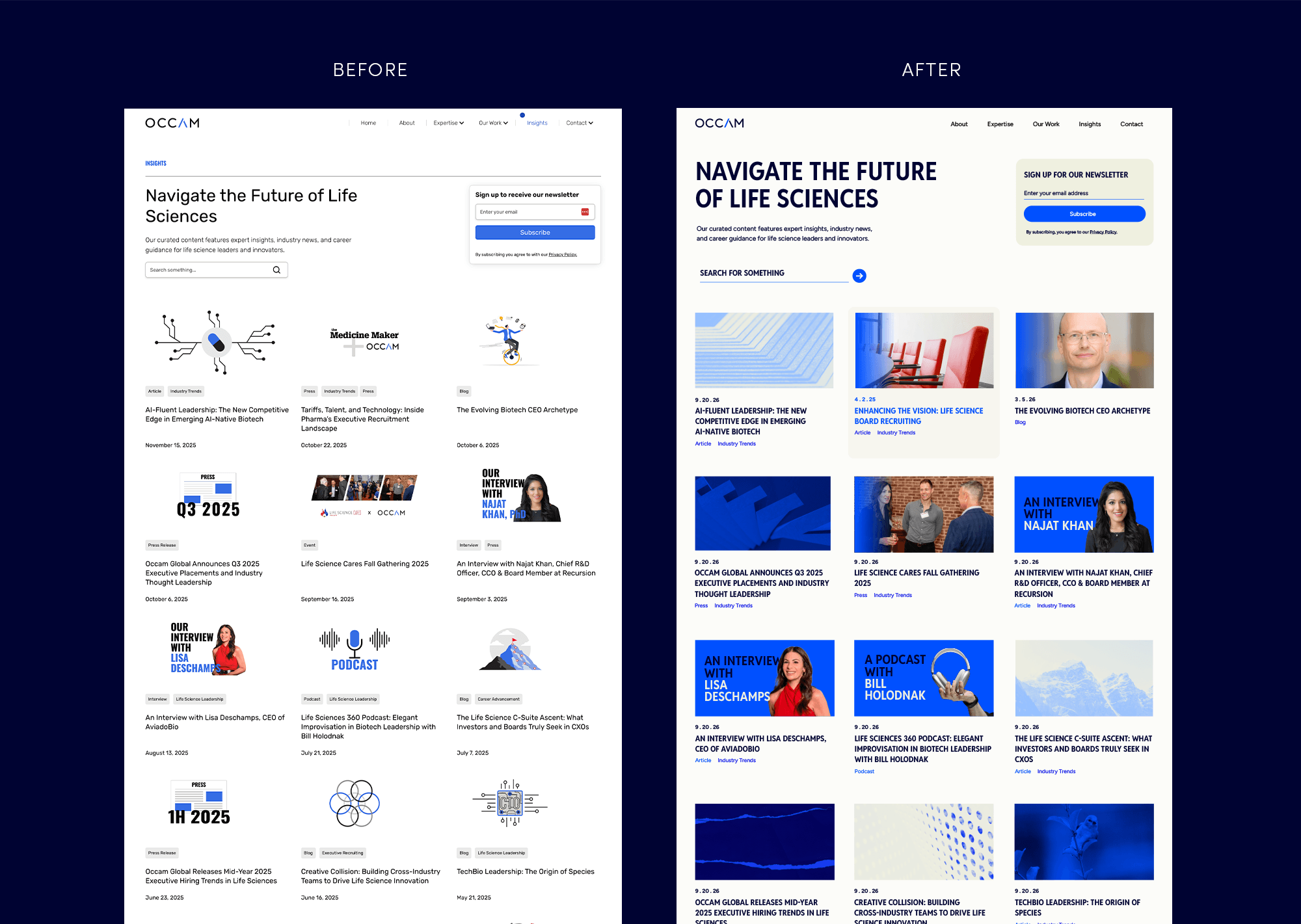 Executive search firm web page, before and after brand refresh